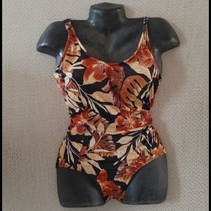 Vintage leaf n floral print one piece swimsuit